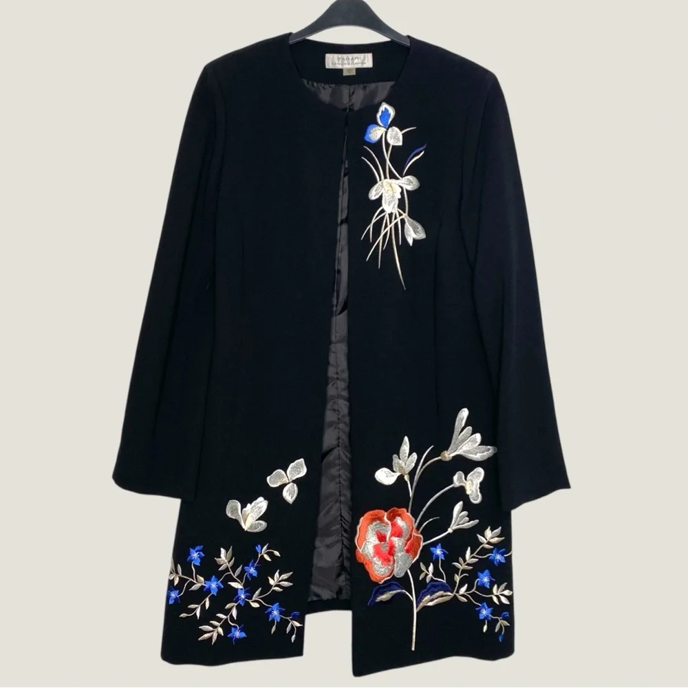 Tahari ASL Black Open Long Blazer Topper Jacket Embroidered Floral Sz 10 - Picture 2 of 10